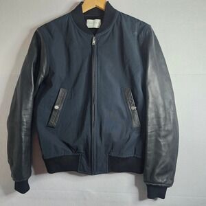 Sandro Paris Mens Navy Blue Lamb Leather Sleeve Bomber Jacket V6868W Size S